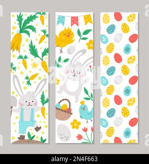 Set of Easter bookmarks or greeting card templates. Vertical Spring holiday posters or invitations. Bright green frame illustration with traditional s Stock Vector