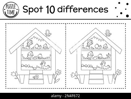 Easter find differences game for children. Holiday black and white educational activity and coloring page with funny roost with hen and chicks. Spring Stock Vector