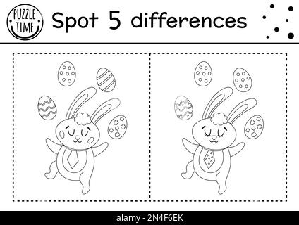 Easter find differences game for children. Holiday black and white educational activity and coloring page with funny bunny juggling the eggs. Spring s Stock Vector