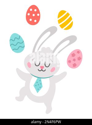 Vector Easter bunny icon. Rabbit juggling with colored eggs isolated on white background. Greeting card template with cute adorable animal for kids. F Stock Vector