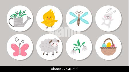 Cute set of round Easter highlight icons or card designs with bunny, cute animals, watering can, butterfly, flowers. Vector spring holiday pin or badg Stock Vector