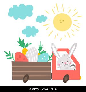 Vector Easter truck icon with colored eggs and carrots, clouds and sun. Bunny driving a car with holiday presents isolated on white background. Spring Stock Vector