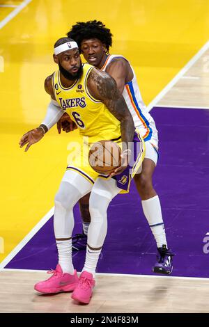 Los Angeles Lakers forward LeBron James (L) is defended by Oklahoma City Thunder guard Jalen Williams (8) during an NBA basketball game.Final scores; Thunder 133:130 Lakers Stock Photo