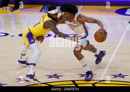 Oklahoma City Thunder guard Jalen Williams (R) drives against Los Angeles Lakers guard Patrick Beverley (21) during an NBA basketball game.Final scores; Thunder 133:130 Lakers Stock Photo