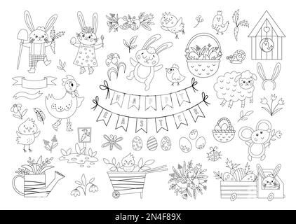 Big black and white collection of design elements for Easter. Vector outline set with cute bunny, eggs, bird, chicks, baskets. Spring funny illustrati Stock Vector