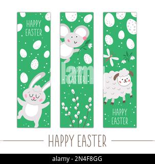 Set of Easter bookmarks or greeting card templates. Vertical Spring holiday posters or invitations. Bright green frame illustration with traditional s Stock Vector