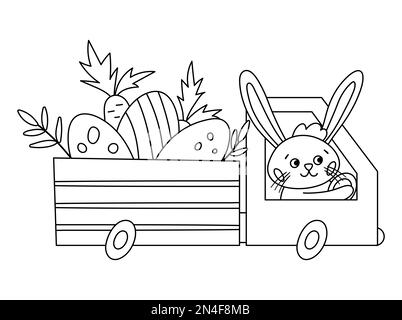 Vector black and white Easter outline truck icon with eggs and carrots. Bunny driving a car with holiday presents isolated on white background. Cute a Stock Vector