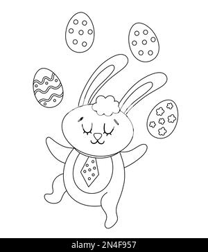 Vector Easter black and white bunny icon. Rabbit outline juggling with colored eggs isolated on white background. Greeting card template with cute ado Stock Vector