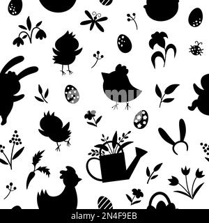 Vector seamless pattern with Easter silhouettes. Vector repeating background with cute bunny, eggs, bird, chicks, basket black shadows. Spring funny d Stock Vector