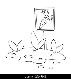Vector black and white garden carrot sign table with sprouted plants isolated on white background. Outline spring garden illustration with nursery bed Stock Vector