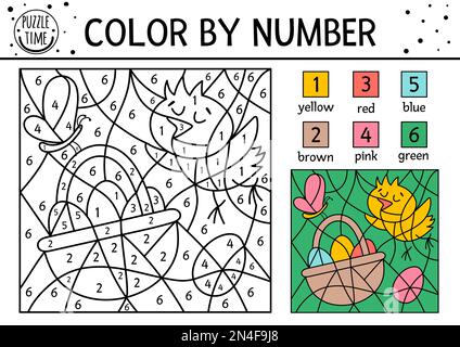 Vector Easter color by number activity with chick, basket, butterfly, eggs. Spring holiday coloring and counting game with cute bird. Funny coloration Stock Vector