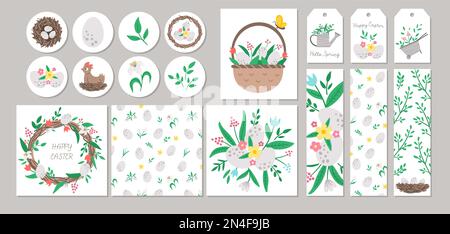Cute set of Spring sale cards with nest, eggs, flowers, hen, basket. Vector square, round, horizontal, vertical print templates. Easter holiday design Stock Vector