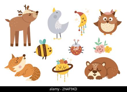 Vector woodland baby animals, insects and birds collection. Boho forest set. Bohemian little fox, owl, bear, deer, ladybug, goose with flowers, planet Stock Vector