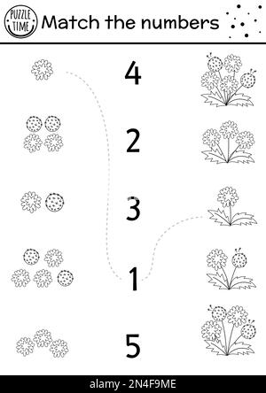 Easter black and white matching game with spring flowers. Holiday math activity for preschool children with dandelions. Printable counting worksheet o Stock Vector