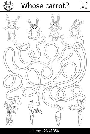 Easter black and white maze for children with bunny family and carrots. Holiday outline preschool printable activity with rabbits and vegetables. Funn Stock Vector