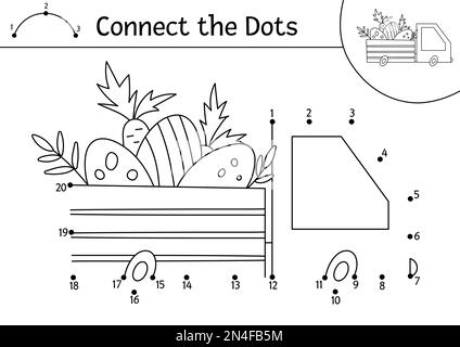 Vector Easter dot-to-dot and color activity with cute car with eggs and carrots. Spring holiday connect the dots game for children with traditional sy Stock Vector