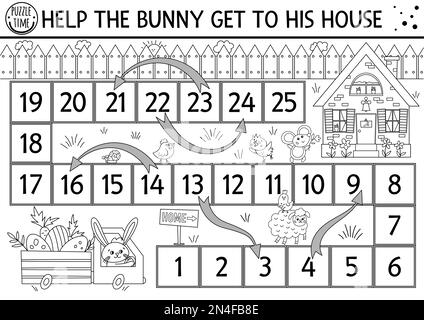 Easter black and white dice board game for children with cute bunny in the truck with eggs driving to his house. Outline holiday boardgame. Spring act Stock Vector