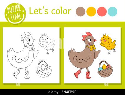 Easter coloring page for children. Funny farm bird picture. Vector holiday outline illustration with cute hen, chicken, basket with eggs. Adorable spr Stock Vector