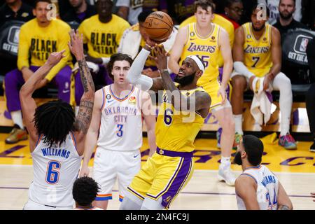 Los Angeles, United States. 07th Feb, 2023. Los Angeles Lakers forward LeBron James (6) shoots against Oklahoma City Thunder forward Jaylin Williams (6) during an NBA basketball game.Final scores; Thunder 133:130 Lakers (Photo by Ringo Chiu/SOPA Images/Sipa USA) Credit: Sipa USA/Alamy Live News Stock Photo