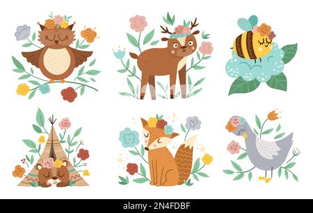 Vector woodland animals, insects and birds collection. Boho forest floral compositions. Bohemian fox, owl, bear, deer, goose with flowers on heads. Ce Stock Vector