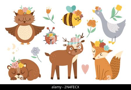 Vector woodland animals, insects and birds collection. Boho forest set. Bohemian fox, owl, bear, deer, ladybug, goose with flowers on heads. Celestial Stock Vector