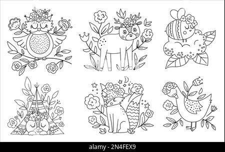 Vector black and white woodland animals, insects and birds collection. Boho outline forest compositions or coloring pages. Bohemian line fox, owl, bea Stock Vector