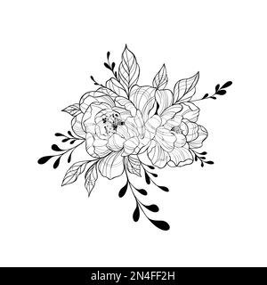 Composition of peonies with leaves. Technique - black and white graphic ...