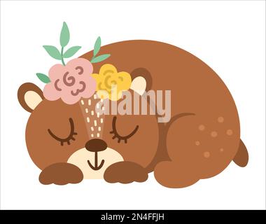 Vector hand drawn bear with flowers on the head. Cute bohemian style sleeping woodland animal icon isolated on white background. Sweet boho forest ill Stock Vector