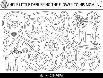 Mothers day black and white maze for children. Holiday preschool printable activity. Funny family love game with cute animals. Mother and baby labyrin Stock Vector