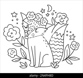 Vector bohemian fox with flowers on head. Woodland black and white animal isolated on white background. Boho forest floral line composition. Forest co Stock Vector