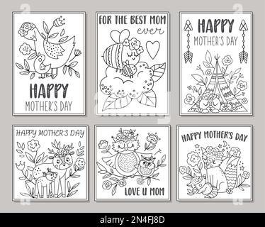 Collection of vector black and white Mothers Day cards with cute boho animals. Pre-made designs or coloring pages with woodland baby insects and birds Stock Vector