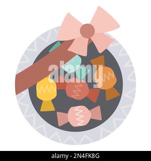 Vector flat candy box tied with pink bow. Sweet present illustration. Holiday gift isolated on white background Stock Vector