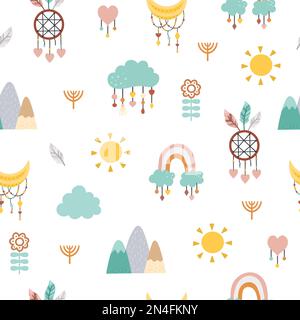 Vector boho ornament. Bohemian seamless pattern with stars, sun, mountains, dreamcatcher and clouds. Wild and free repeating background. Ethnic native Stock Vector