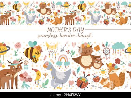 Vector horizontal seamless border with Mothers day characters and elements. Repeating brush with cute forest baby animals and parents showing family l Stock Vector