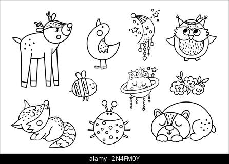 Vector black and white woodland baby animals, insects and birds collection. Boho line forest set. Bohemian little fox, owl, bear, deer, ladybug, goose Stock Vector