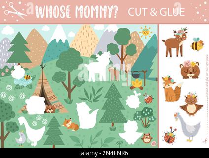 Vector Mothers day cut and glue activity. Holiday educational crafting game with wild baby animals and their mommies in the forest. Fun spring printab Stock Vector