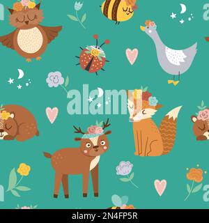 Vector seamless pattern with woodland animals, insects and birds. Boho forest repeating background. Bohemian digital paper with fox, owl, bear, deer, Stock Vector