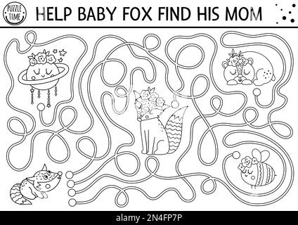 Mothers day black and white maze for children. Holiday preschool printable activity. Funny family love game with cute animals. Mother and baby labyrin Stock Vector