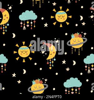 Vector boho ornament. Bohemian seamless pattern with stars, kawaii sun, crescent moon and clouds. Wild and free repeating background. Good night or et Stock Vector