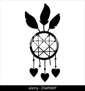 Vector boho dreamcatcher silhouette with pendants and feathers. Bohemian black icon isolated on white background. Celestial ornate shadow illustration Stock Vector