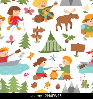 Vector seamless pattern with cute children doing summer camp activities. Repeating background with kids hiking, fishing, rafting, playing the guitar. Stock Vector