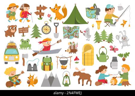 Vector summer camp set. Camping, hiking, fishing equipment collection with cute kids and forest animals. Outdoor nature tourism icons pack with backpa Stock Vector