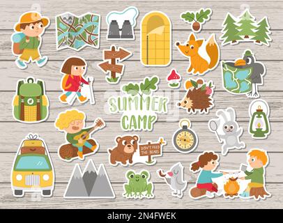 Vector summer camp stickers set. Camping, hiking, fishing equipment patches collection with cute kids and forest animals on wooden background. Outdoor Stock Vector