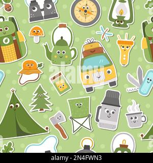 Vector summer camp seamless pattern with cute kawaii stickers. Camping, hiking, fishing equipment patches repeat background. Outdoor nature tourism di Stock Vector