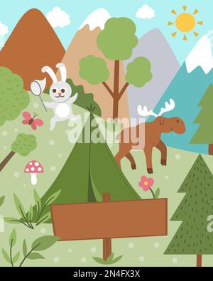 Summer camp card with cute forest animals, tent and wooden sign board. Vector square print template with rabbit, moose, trees, mountains. Active holid Stock Vector