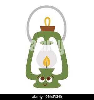 Vector kawaii camp lantern isolated on white background. Lighting equipment illustration for kids. Retro smiling lamp with eyes. Cute kerosene vintage Stock Vector
