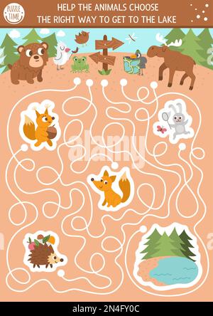 Summer camp maze for children. Active holidays preschool printable activity. Family nature trip labyrinth game or puzzle with cute hiking animals goin Stock Vector