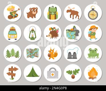 Cute set of Summer camp round cards with cute forest animals, camping elements and kids. Vector active trip highlight icons collection. Holidays or lo Stock Vector