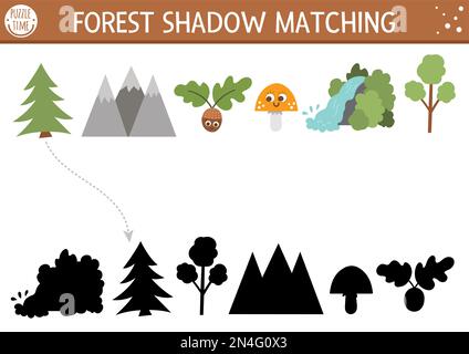 Forest or camping shadow matching activity with cute nature elements. Family nature trip puzzle with mountains, mushrooms, trees, waterfall. Find the Stock Vector