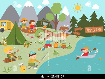 Camping background with cute children doing Summer activities. Vector woodland scene with hiking, fishing, rafting, singing kids. Active holidays or l Stock Vector